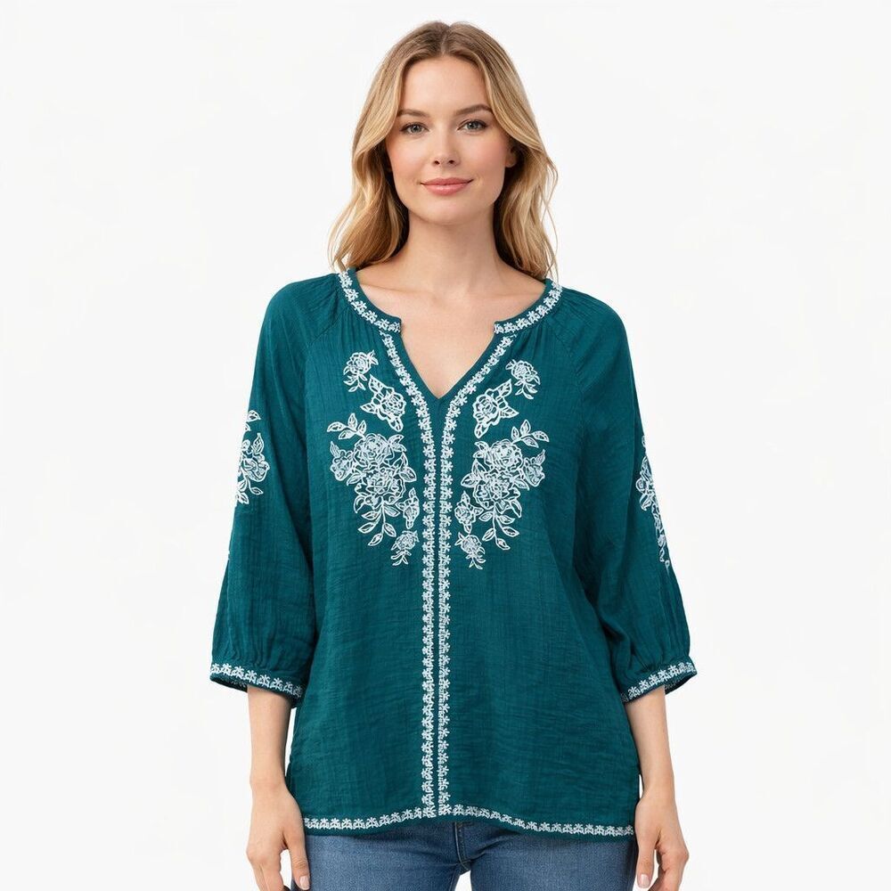 Soft Surroundings Tunic Blouse Womens Medium Green V Neck 3/4 Sleeve Top